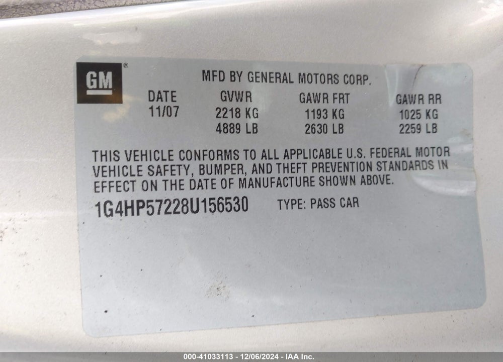 2008 BUICK LUCERNE CX VIN: 1G4HP57228U156530