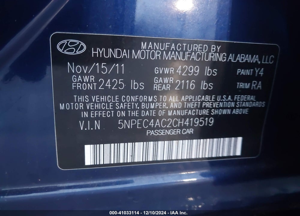 2012 HYUNDAI SONATA SE VIN: 5NPEC4AC2CH419519