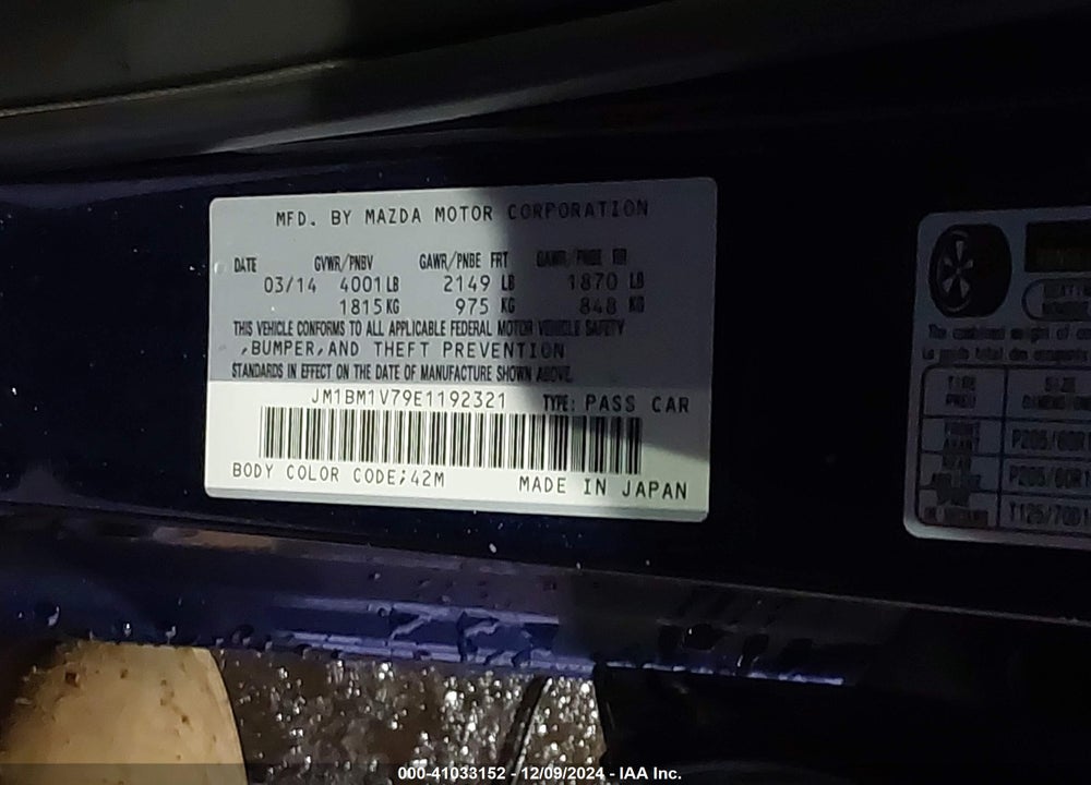 2014 MAZDA 3 I TOURING VIN: JM1BM1V79E1192321