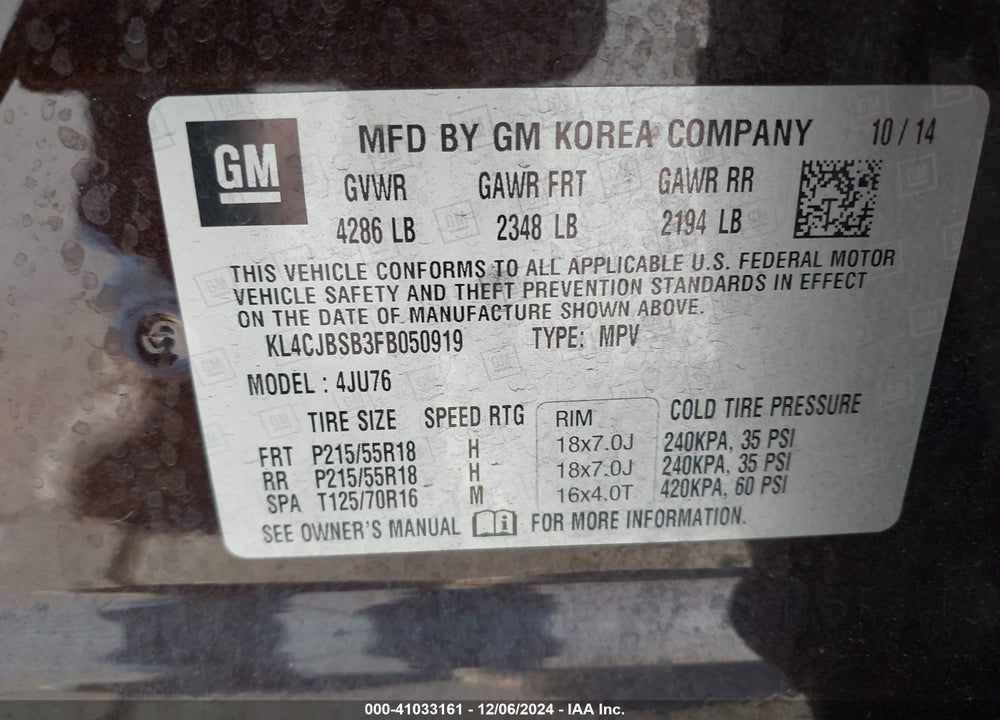 2015 BUICK ENCORE CONVENIENCE VIN: KL4CJBSB3FB050919