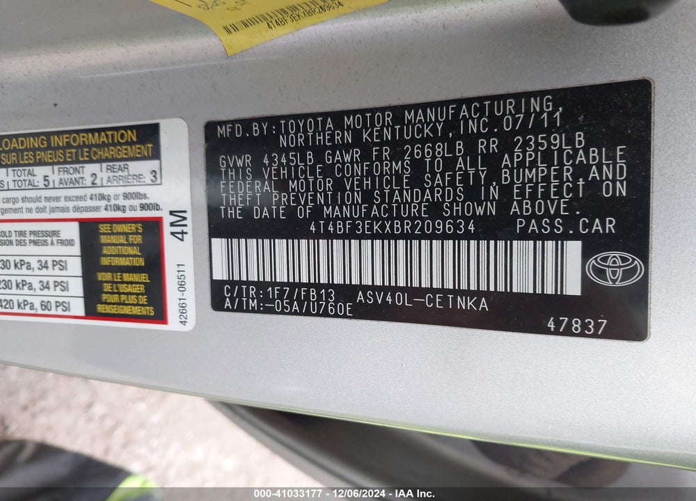 2011 TOYOTA CAMRY LE VIN: 4T4BF3EKXBR209634