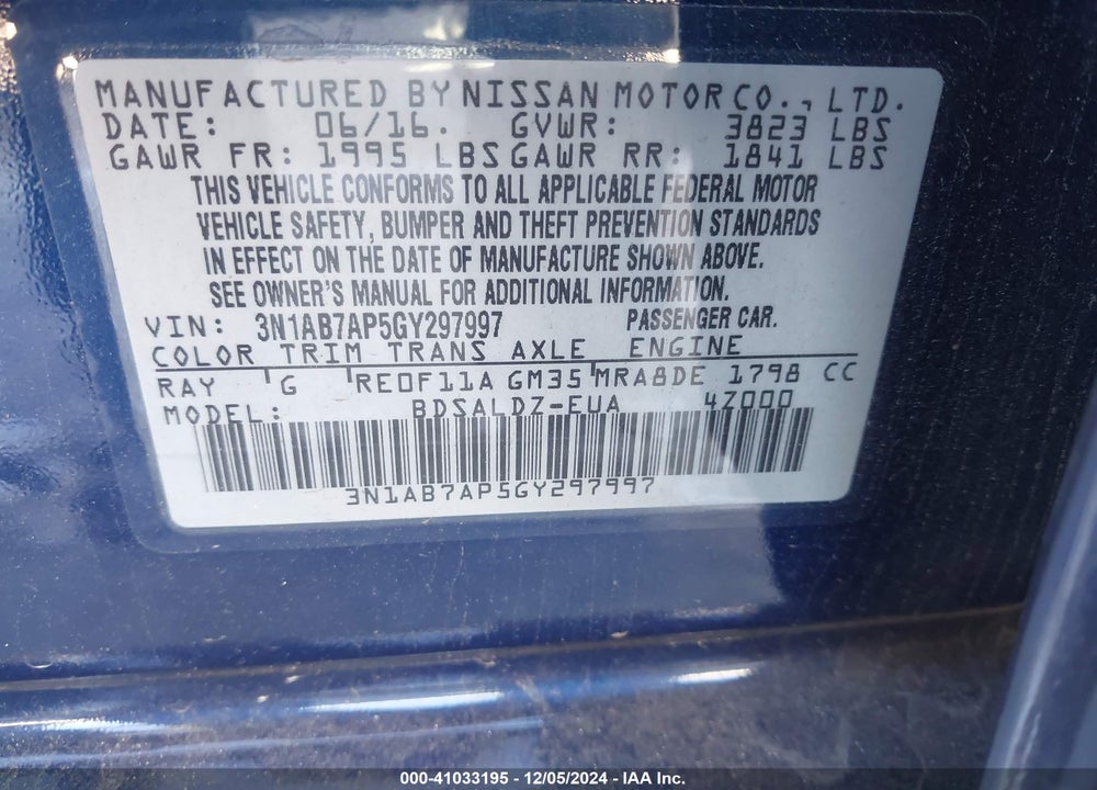 2016 NISSAN SENTRA VIN: 3N1AB7AP5GY297997