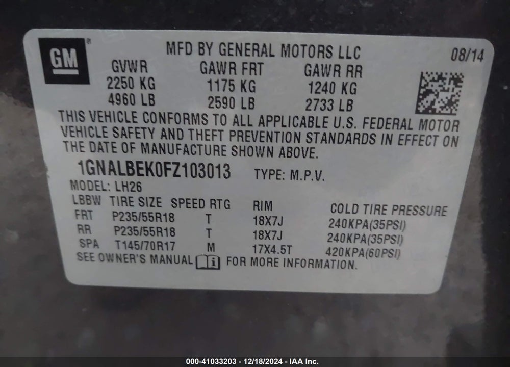 2015 CHEVROLET EQUINOX 1LT VIN: 1GNALBEK0FZ103013