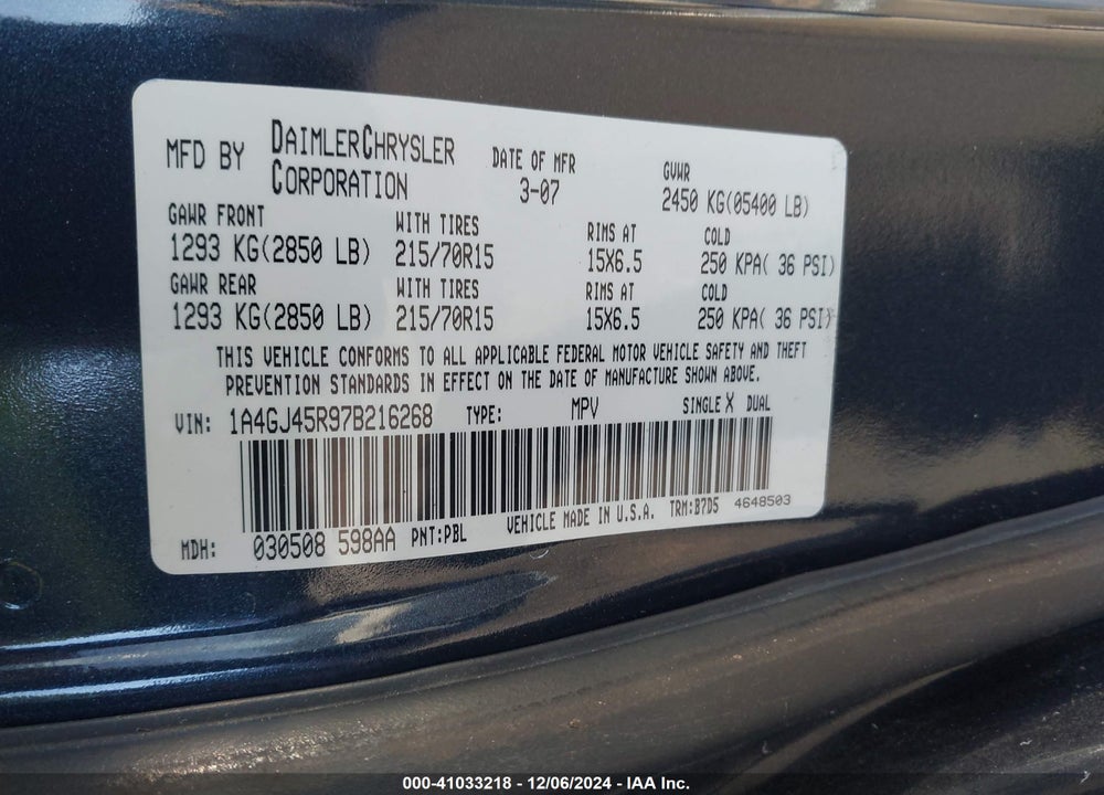 2007 CHRYSLER TOWN & COUNTRY VIN: 1A4GJ45R97B216268
