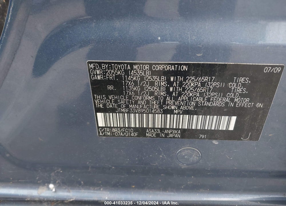 2009 TOYOTA RAV4 VIN: JTMBF33V895014583