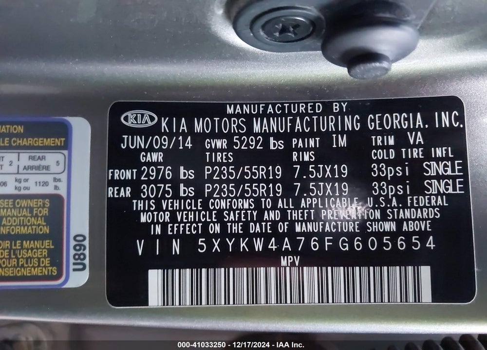 2015 KIA SORENTO LIMITED V6 VIN: 5XYKW4A76FG605654