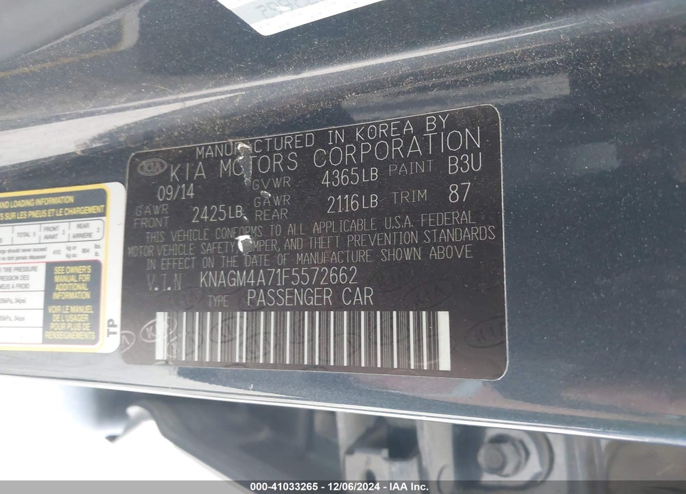 2015 KIA OPTIMA LX VIN: KNAGM4A71F5572662