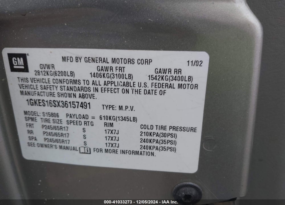 2003 GMC ENVOY XL SLE VIN: 1GKES16SX36157491