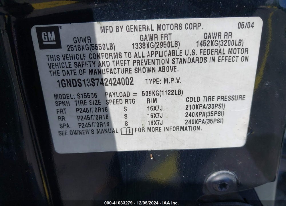 2004 CHEVROLET TRAILBLAZER LS VIN: 1GNDS13S742424002