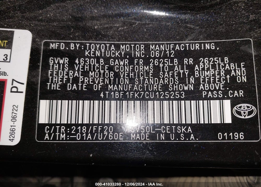 2012 TOYOTA CAMRY VIN: 4T1BF1FK7CU125253