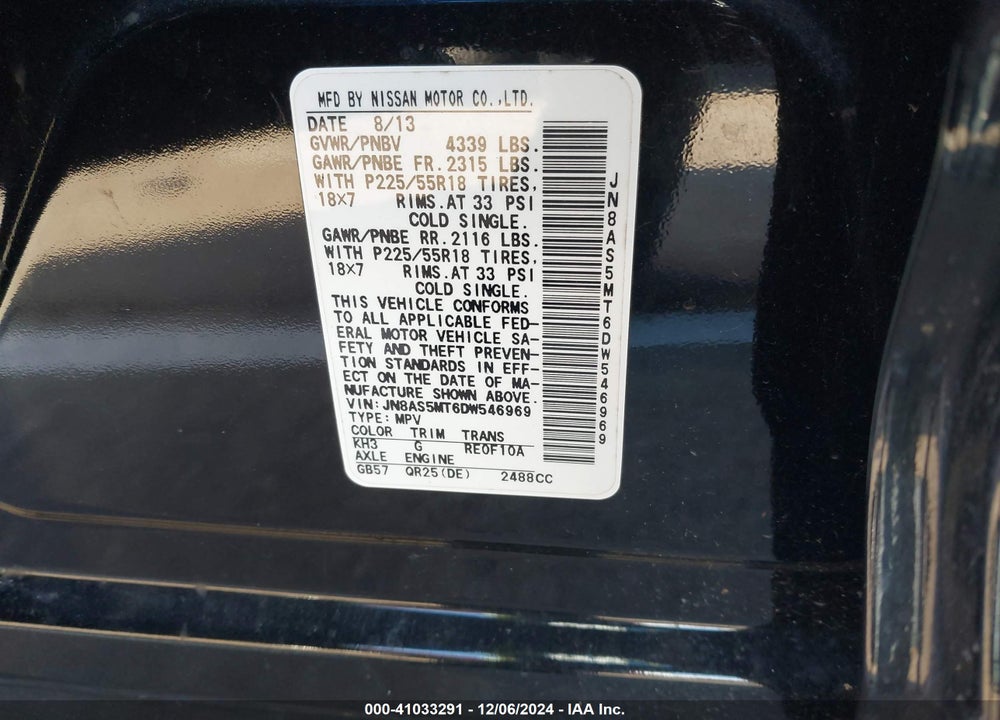 2013 NISSAN ROGUE SV W/SL PKG VIN: JN8AS5MT6DW546969