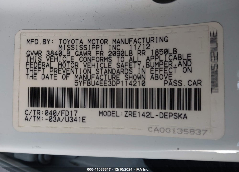 2013 TOYOTA COROLLA S VIN: 5YFBU4EE3DP114210