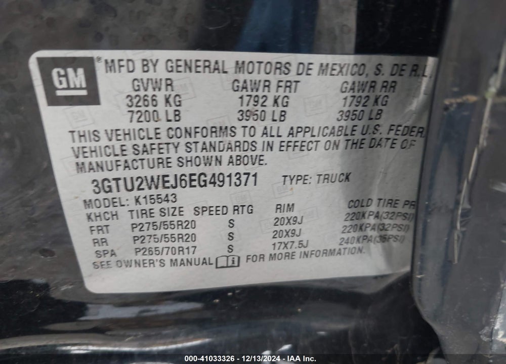 2014 GMC SIERRA 1500 DENALI VIN: 3GTU2WEJ6EG491371