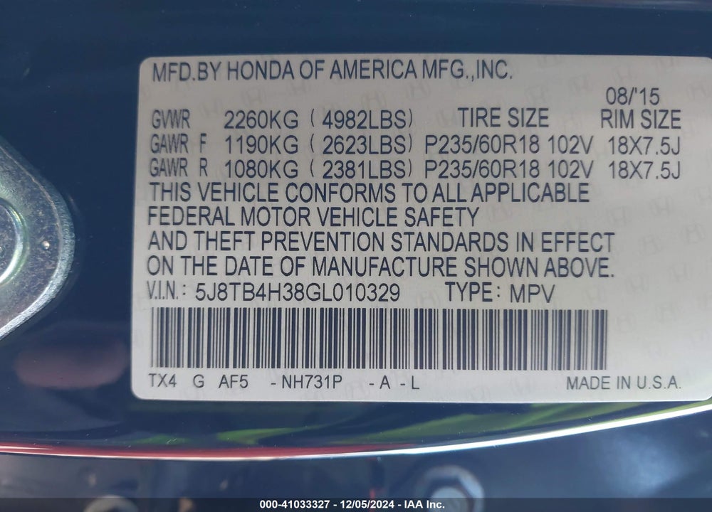 2016 ACURA RDX WATCH PLUS PACKAGE VIN: 5J8TB4H38GL010329