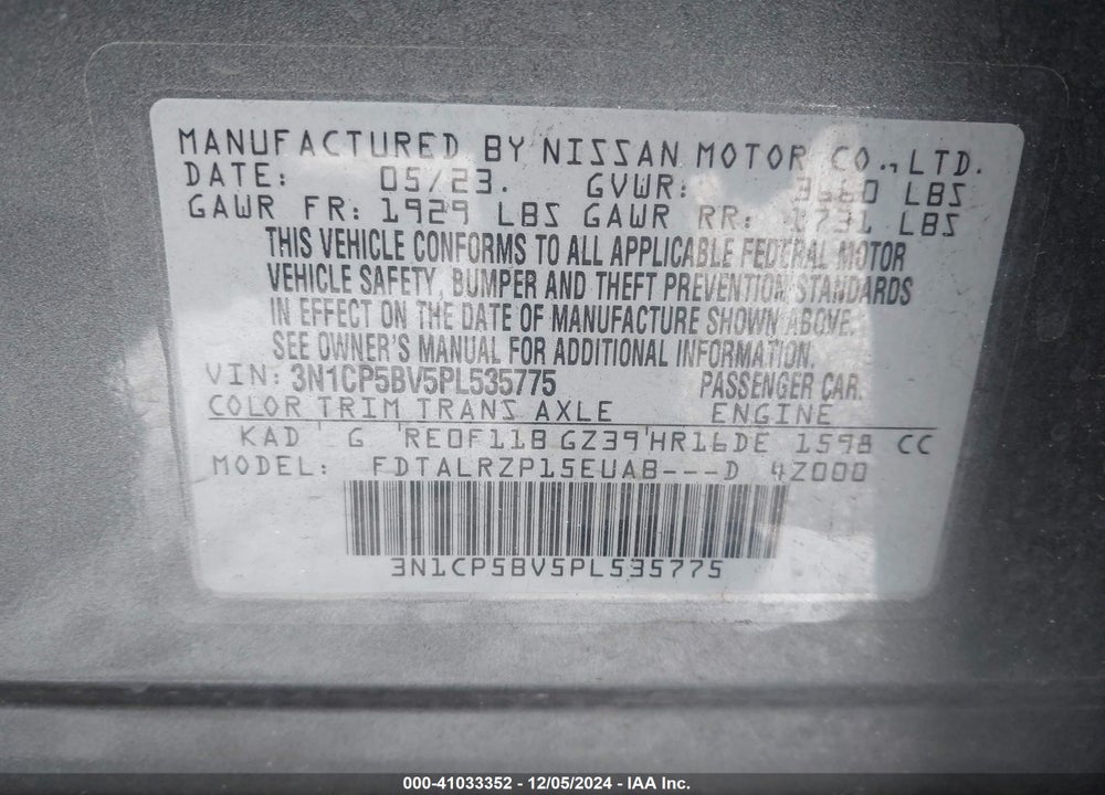 2023 NISSAN KICKS S XTRONIC CVT VIN: 3N1CP5BV5PL535775