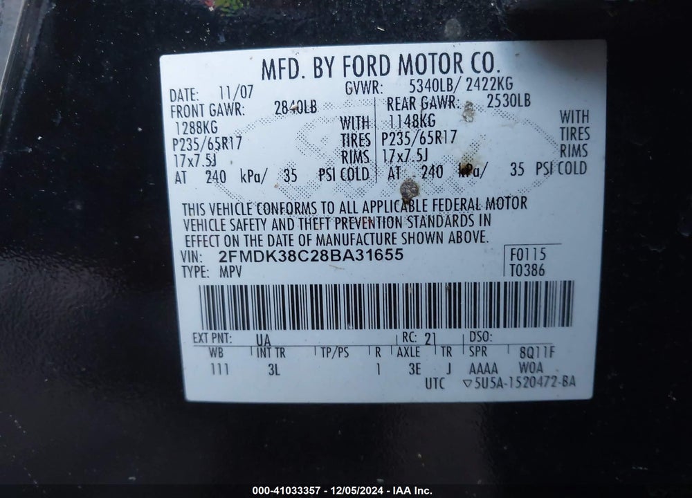 2008 FORD EDGE SEL VIN: 2FMDK38C28BA31655