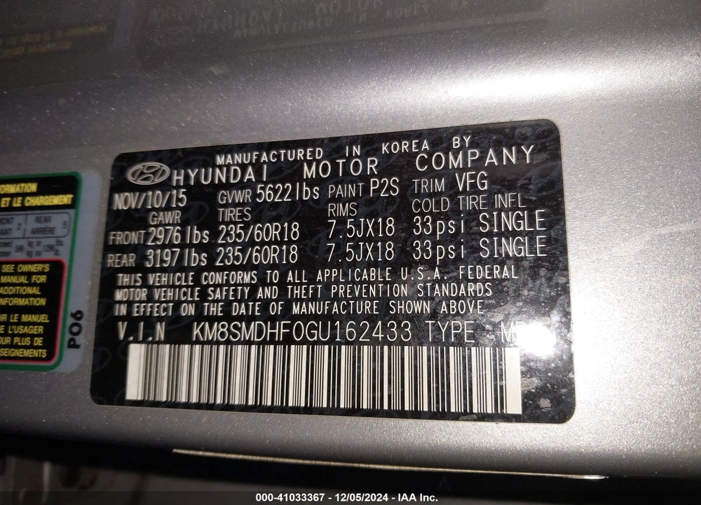 2016 HYUNDAI SANTA FE SE VIN: KM8SMDHF0GU162433