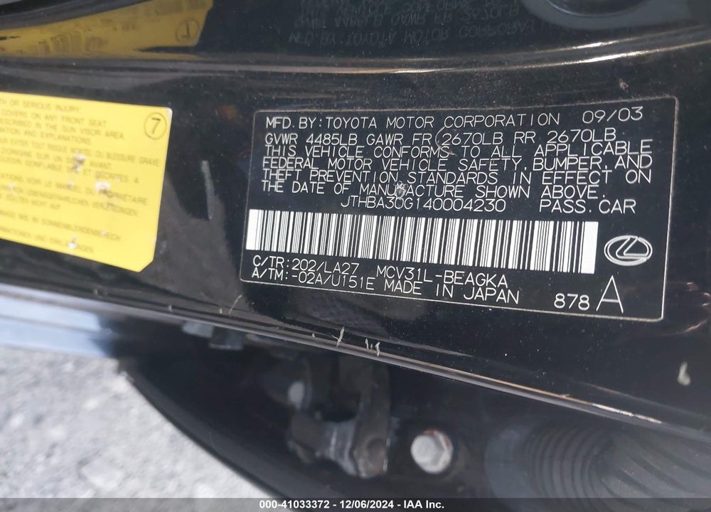 2004 LEXUS ES 330 VIN: JTHBA30G140004230