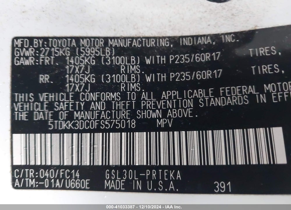 2015 TOYOTA SIENNA LE 8 PASSENGER VIN: 5TDKK3DC0FS575018