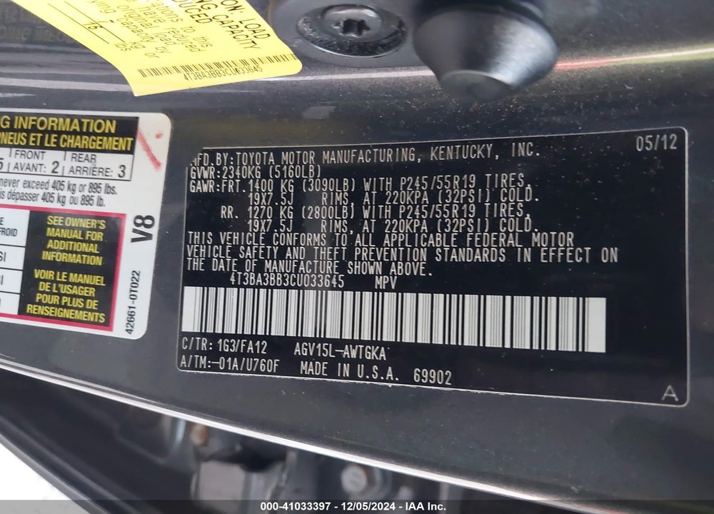 2012 TOYOTA VENZA LE VIN: 4T3BA3BB3CU033645