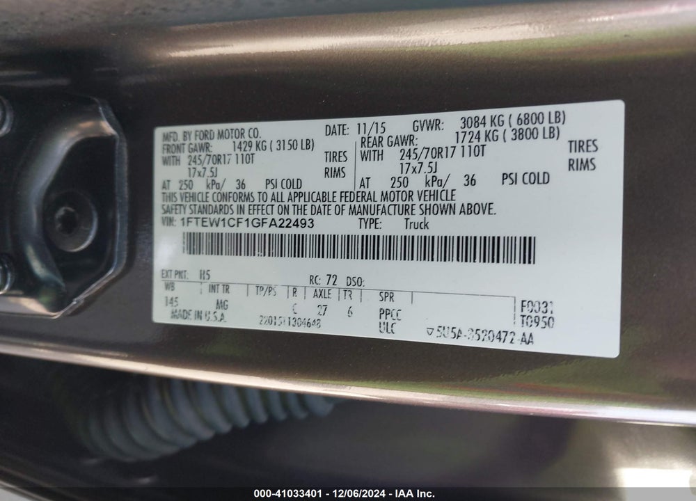 2016 FORD F-150 XLT VIN: 1FTEW1CF1GFA22493