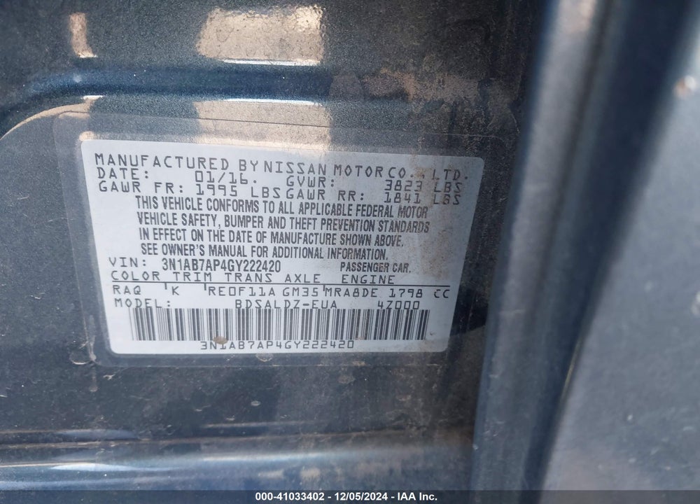 2016 NISSAN SENTRA SV VIN: 3N1AB7AP4GY222420