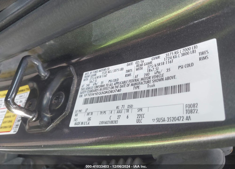 2016 FORD F-150 XLT VIN: 1FTEW1EG3GKD83740