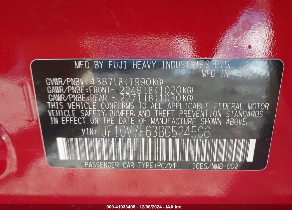 2011 SUBARU IMPREZA WRX PREMIUM VIN: JF1GV7F63BG524506