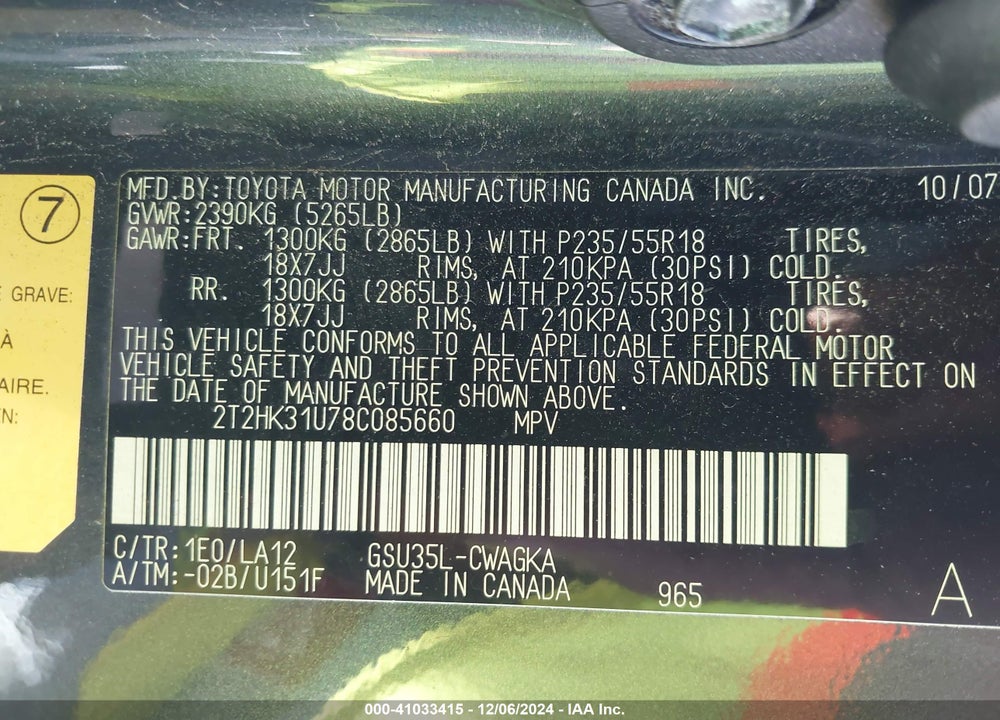 2008 LEXUS RX 350 VIN: 2T2HK31U78C085660