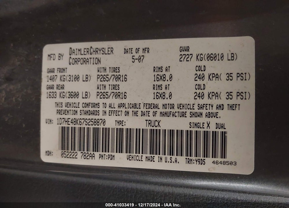 2007 DODGE DAKOTA SLT VIN: 1D7HE48K67S258870