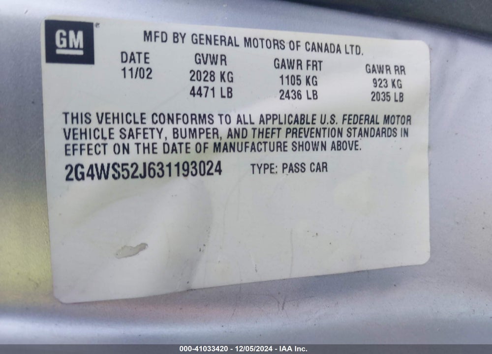 2003 BUICK CENTURY CUSTOM VIN: 2G4WS52J631193024