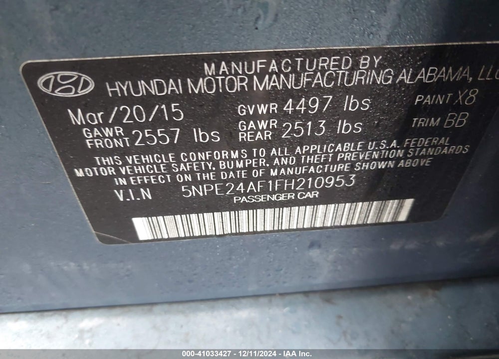 2015 HYUNDAI SONATA SE VIN: 5NPE24AF1FH210953