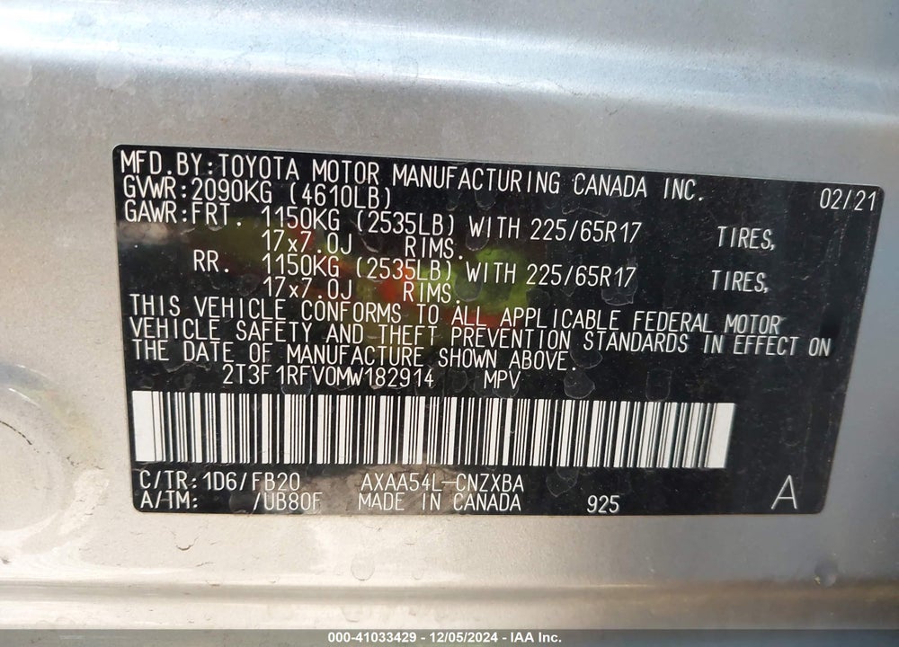 2021 TOYOTA RAV4 LE VIN: 2T3F1RFV0MW182914