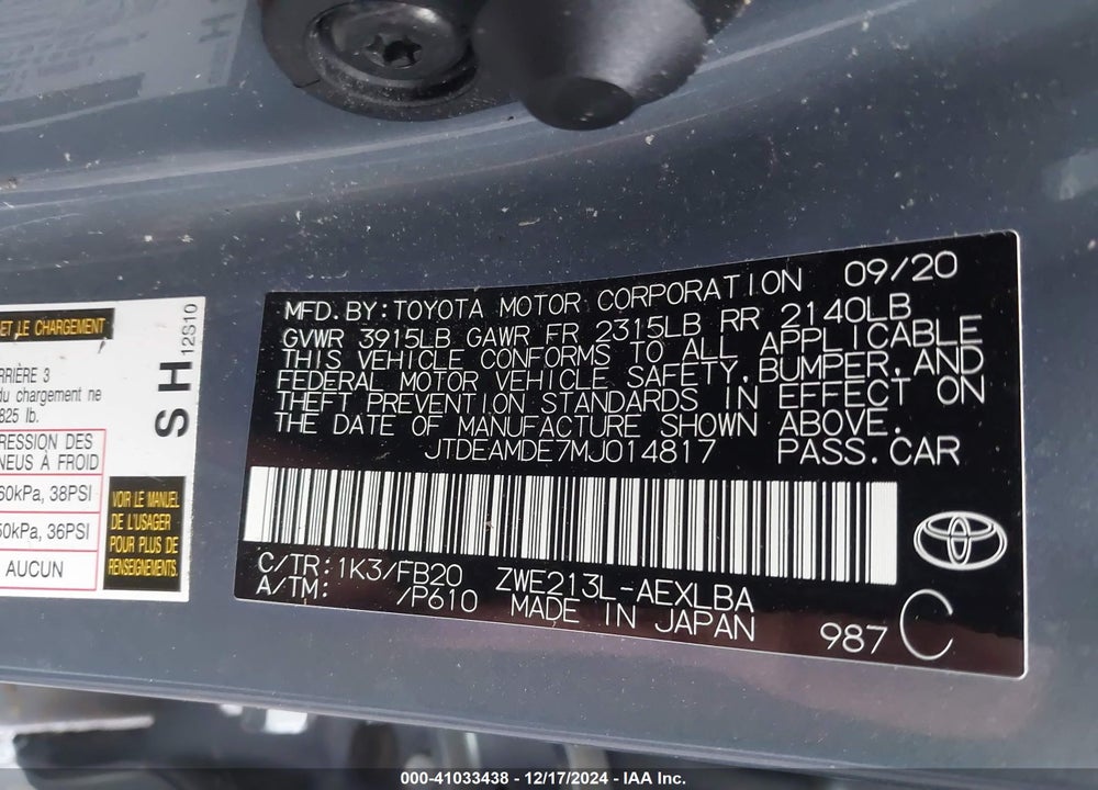 2021 TOYOTA COROLLA HYBRID LE VIN: JTDEAMDE7MJ014817