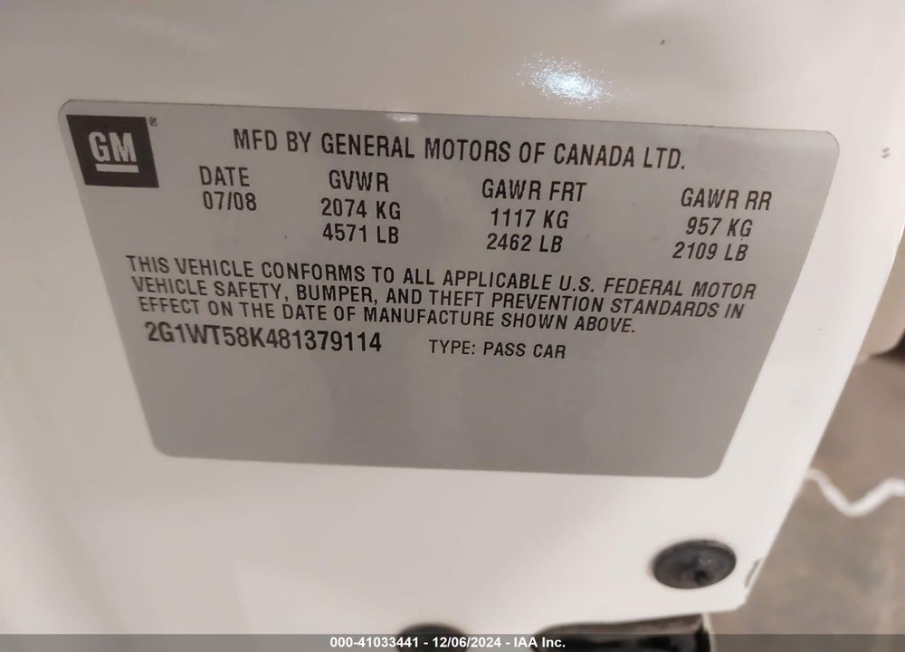 2008 CHEVROLET IMPALA LT VIN: 2G1WT58K481379114