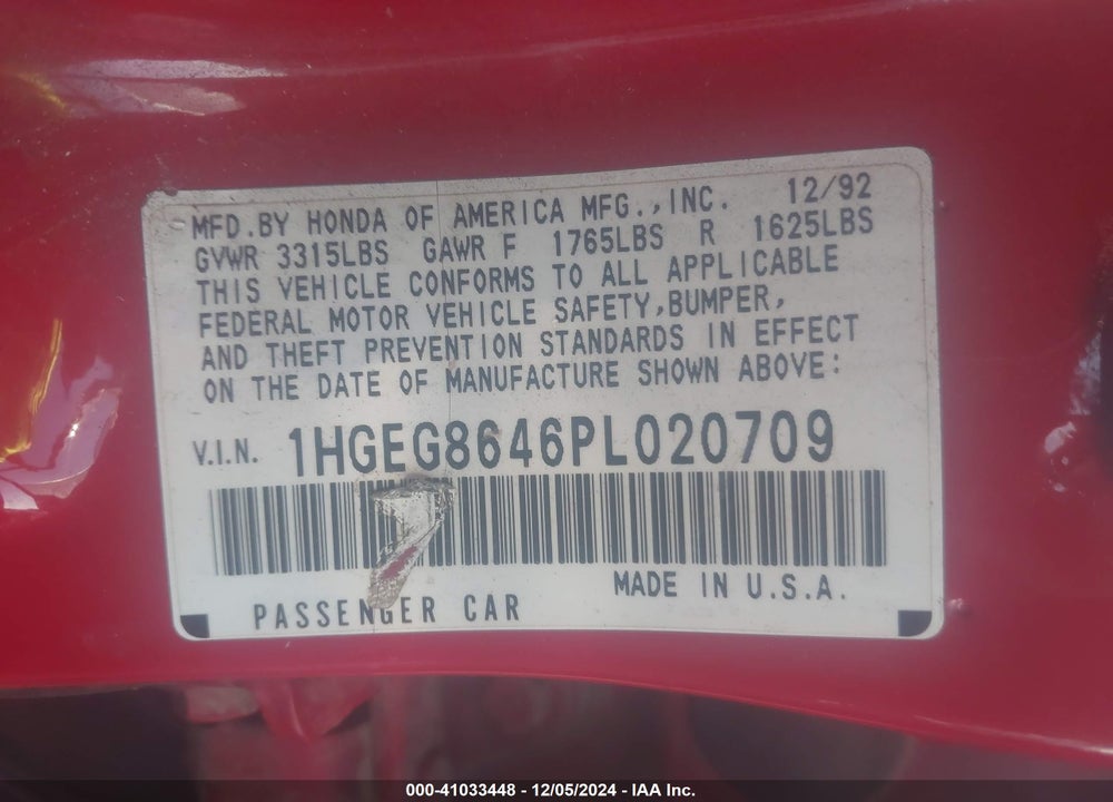 1993 HONDA CIVIC DX VIN: 1HGEG8646PL020709