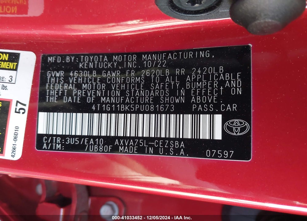 2023 TOYOTA CAMRY VIN: 4T1G11BK5PU081673