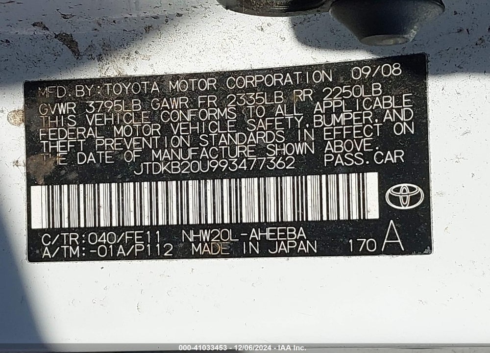 2009 TOYOTA PRIUS TOURING VIN: JTDKB20U993477362