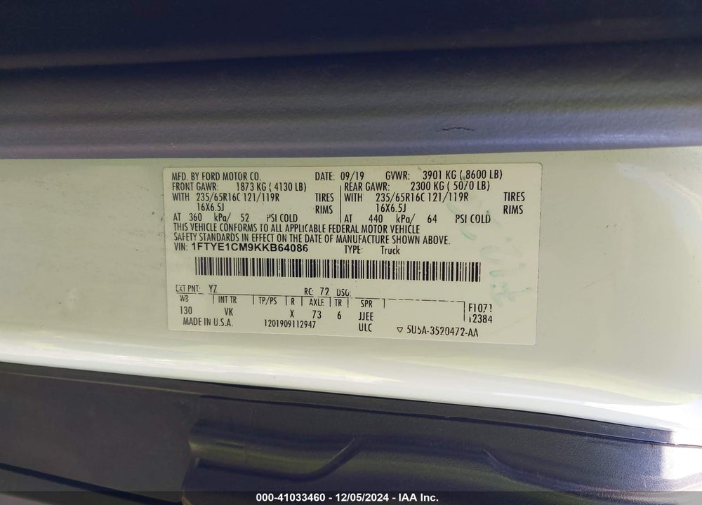 2019 FORD TRANSIT-150 VIN: 1FTYE1CM9KKB64086