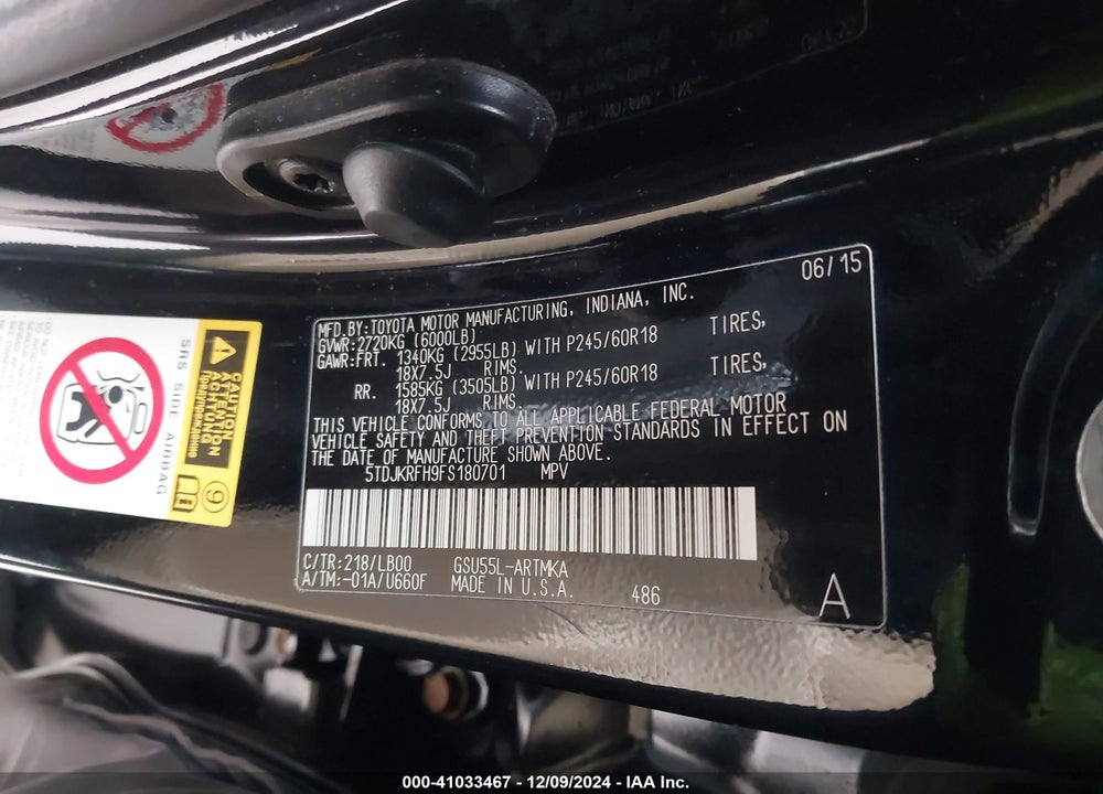 2015 TOYOTA HIGHLANDER XLE V6 VIN: 5TDJKRFH9FS180701