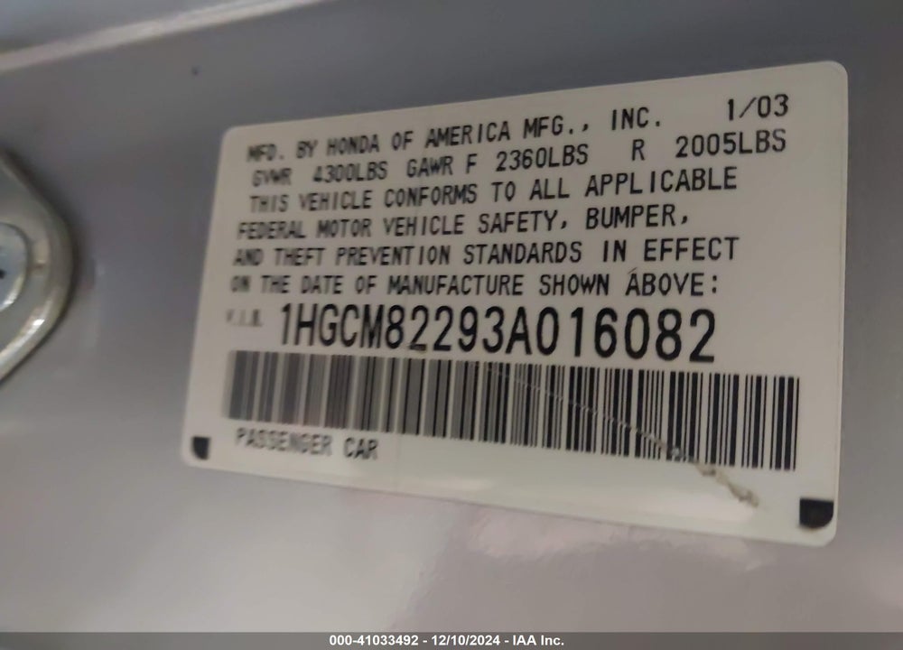 2003 HONDA ACCORD 3.0 LX VIN: 1HGCM82293A016082