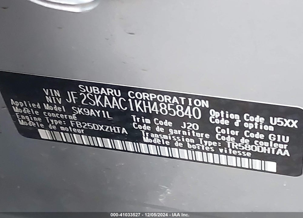 2019 SUBARU FORESTER VIN: JF2SKAAC1KH485840