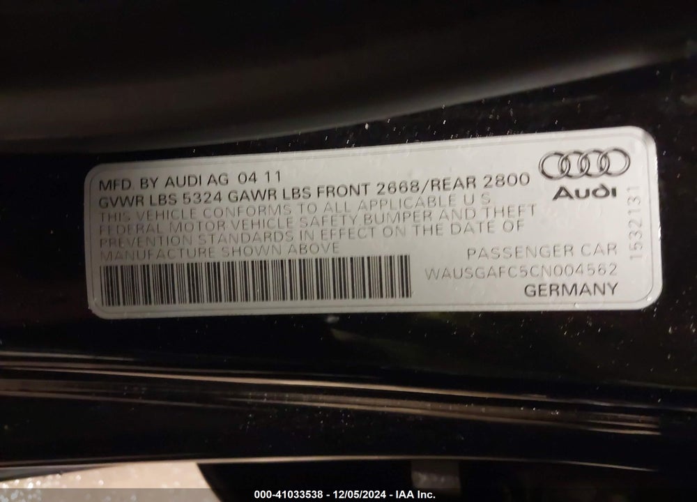 2012 AUDI A7 PREMIUM VIN: WAUSGAFC5CN004562