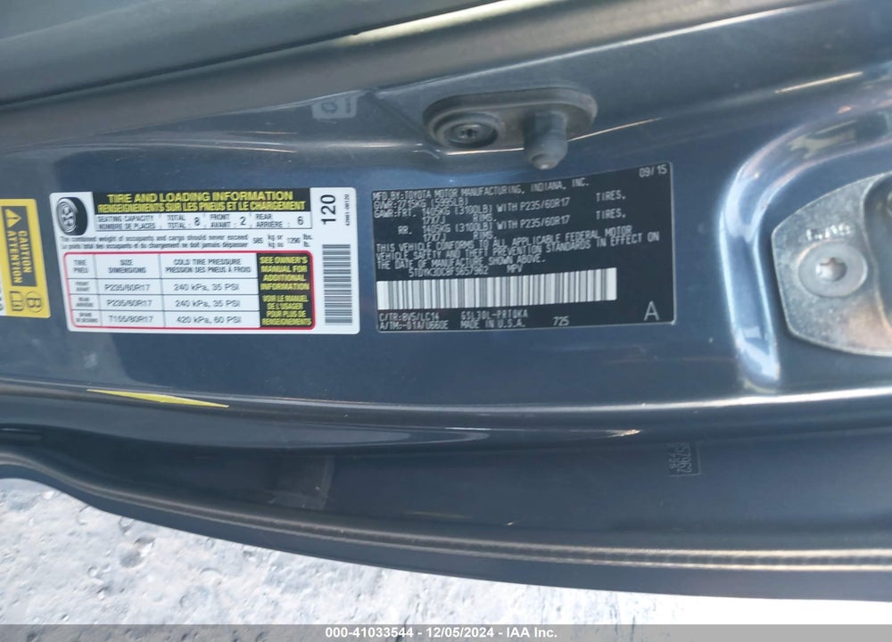 2015 TOYOTA SIENNA XLE LIMITED VIN: 5TDYK3DC8FS657962