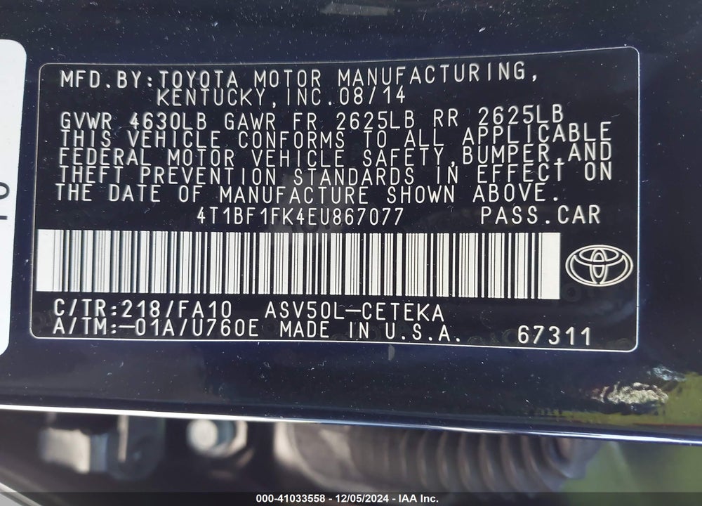 2014 TOYOTA CAMRY L VIN: 4T1BF1FK4EU867077