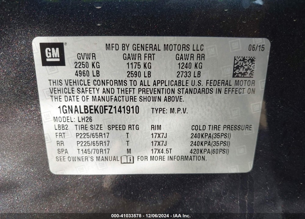 2015 CHEVROLET EQUINOX 1LT VIN: 1GNALBEK0FZ141910