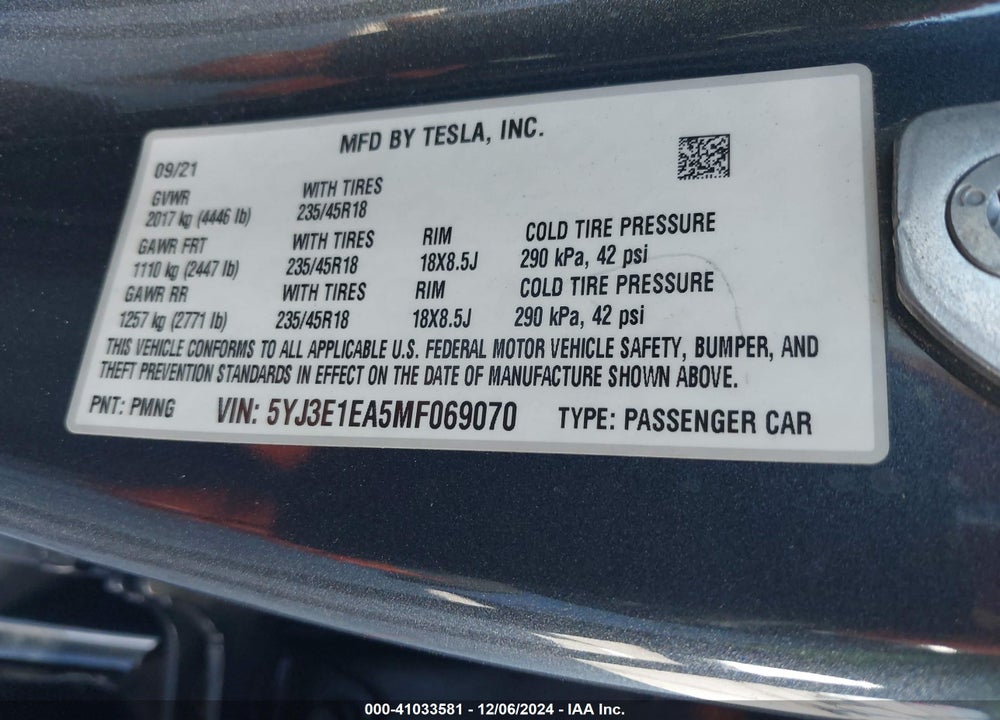 2021 TESLA MODEL 3 STANDARD RANGE PLUS REAR-WHEEL DRIVE VIN: 5YJ3E1EA5MF069070