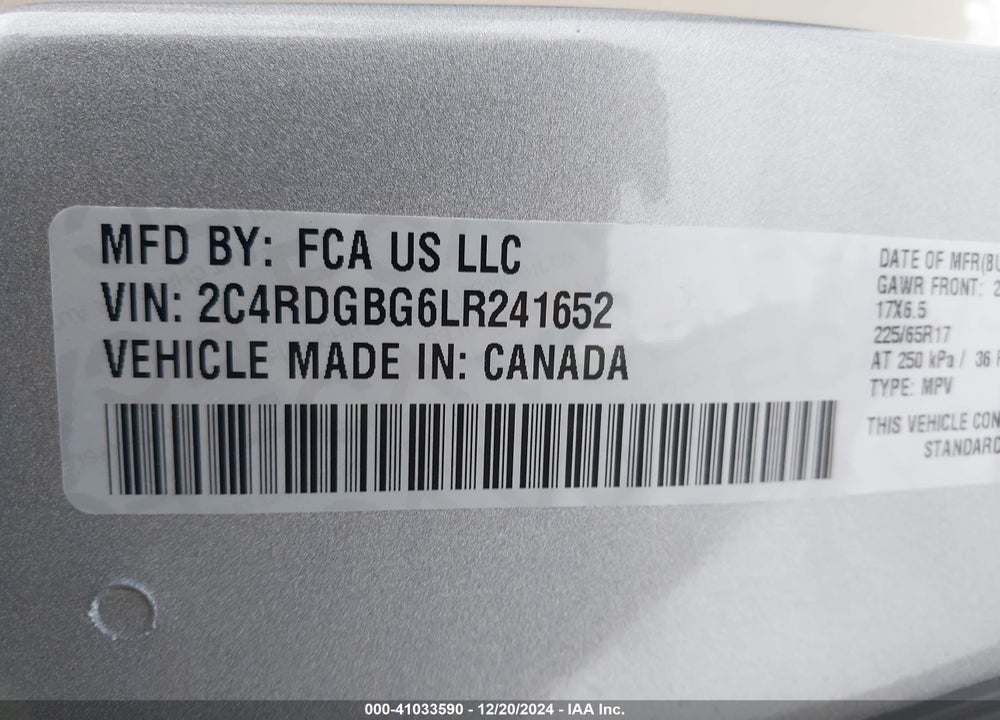 2020 DODGE GRAND CARAVAN SE VIN: 2C4RDGBG6LR241652