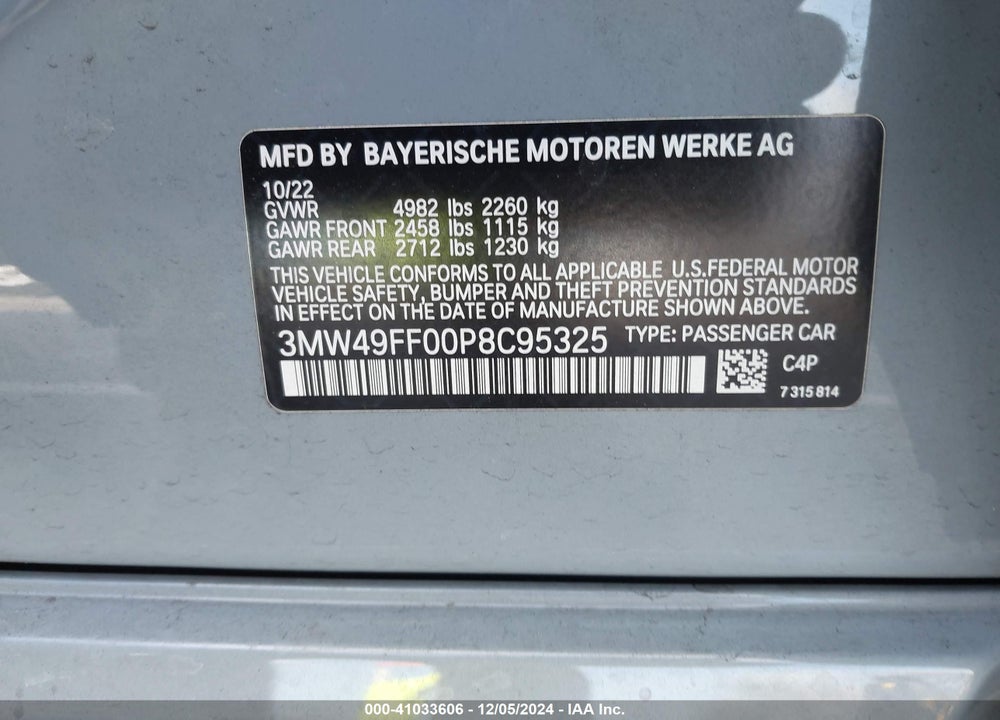 2023 BMW 3 SERIES M340I XDRIVE VIN: 3MW49FF00P8C95325