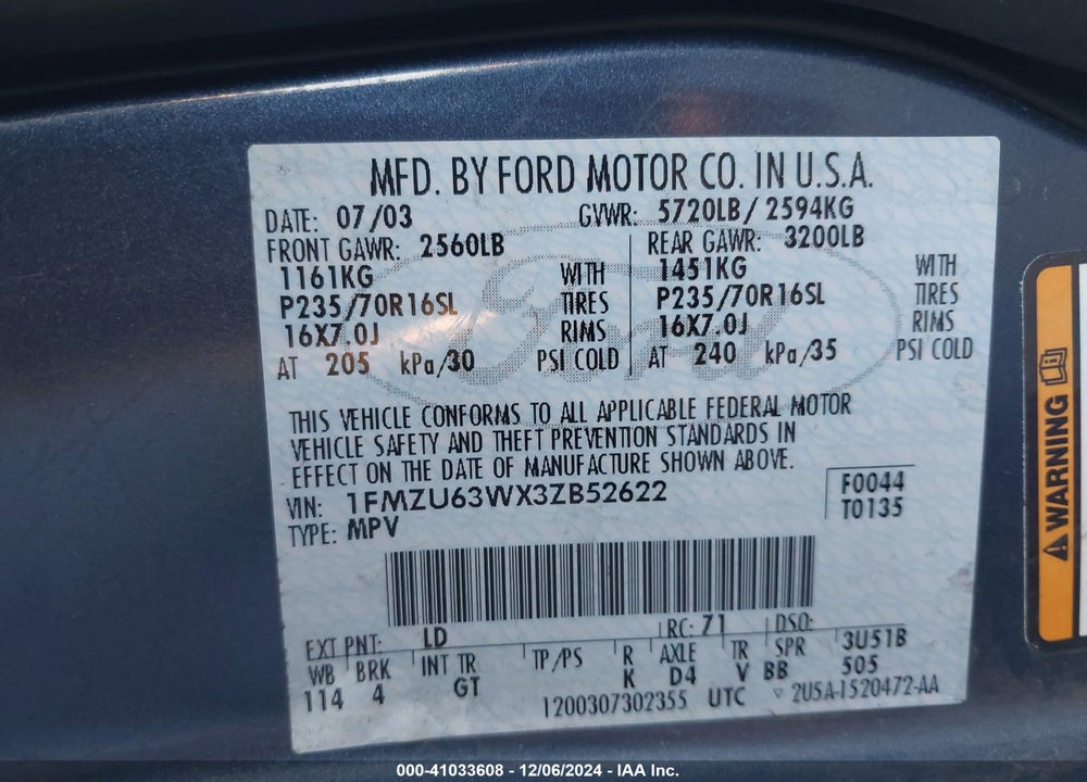 2003 FORD EXPLORER NBX/XLT VIN: 1FMZU63WX3ZB52622